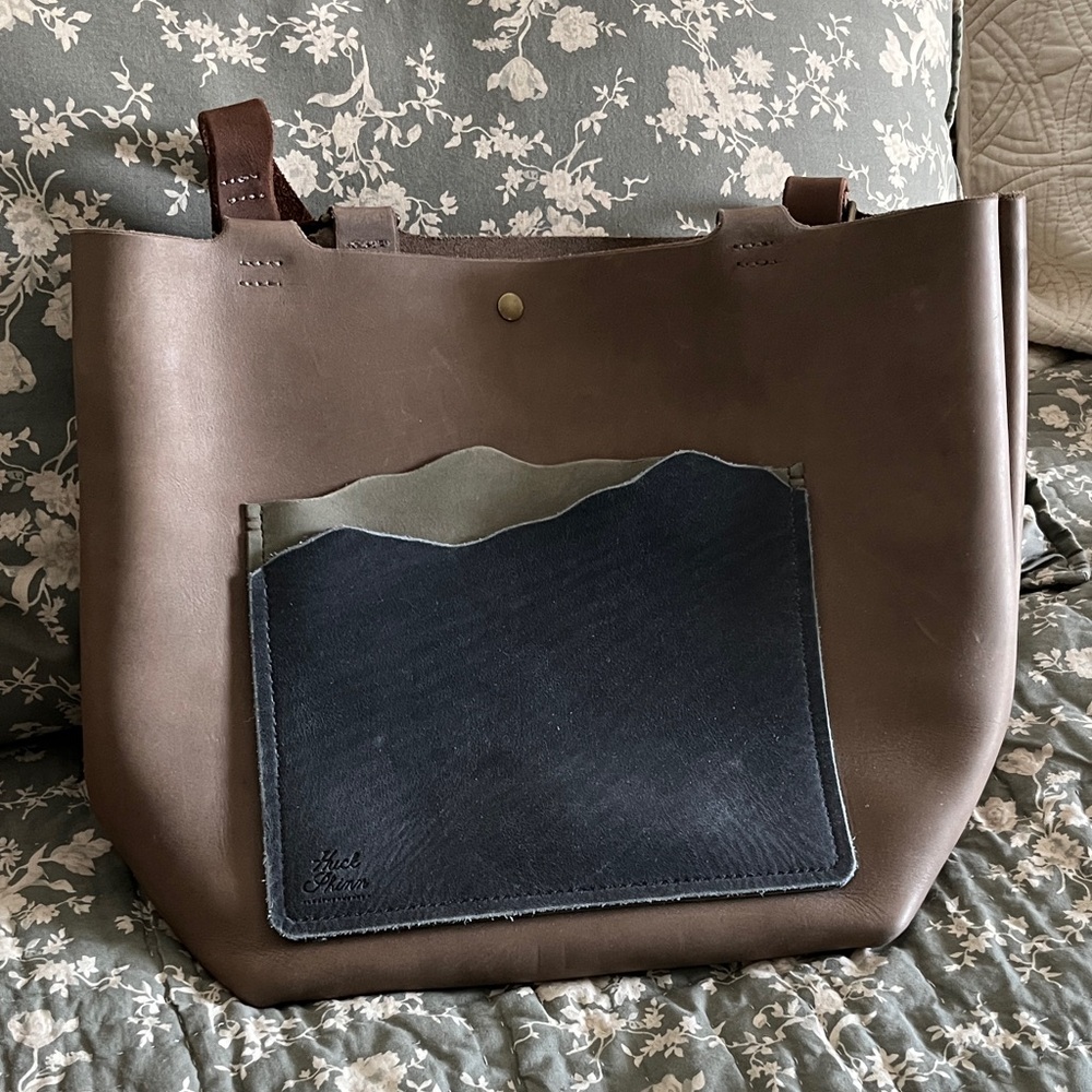 Brown, navy and sage green Leather Tote